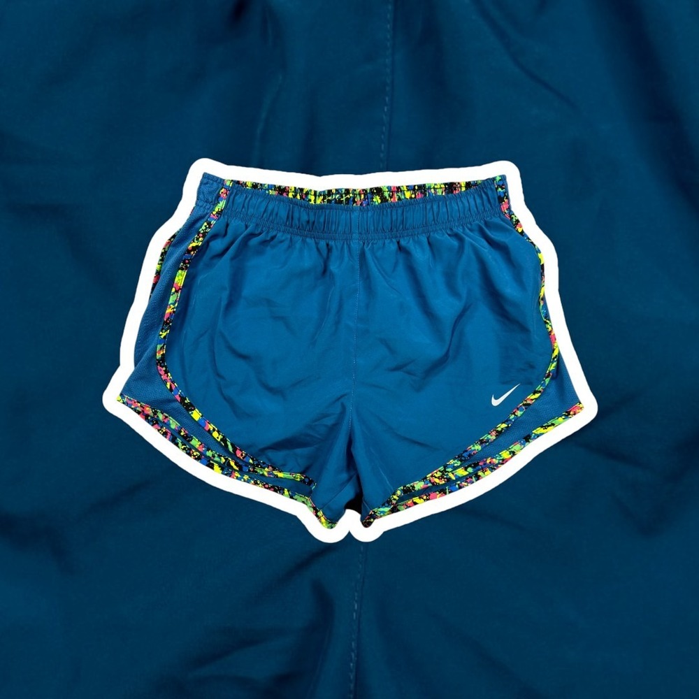 Nike Dri-FIT Tempo Shorts Womens Medium Teal Blue Splatter Neon Running Lined